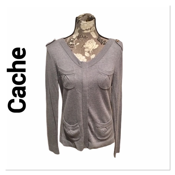 CACHE Gray Cashmere Zip Up Sweater size Medium Grandpacore - Picture 1 of 6